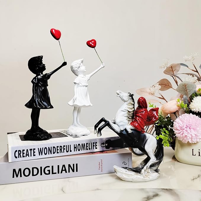 Banksy Street Graffiti Art Statue,Love Balloon Girl Statue,Room Decor Statue,Resin Statue Ornaments,Living Room Dining Desk Decorations,Bookshelf Decorative Objects,Modern Home Decor(Black)