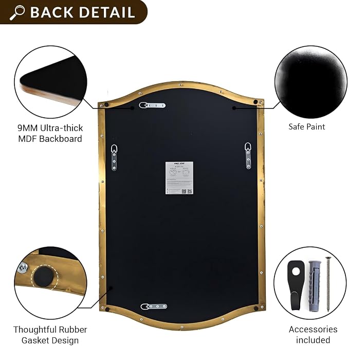 ANDY STAR 26"x38" Scalloped Mirror for Bathroom，Brushed Gold Rectangle Wall Mirror with Curved Edge Stainless Steel Metal Frame, Wall-Mounted Mirror for Bathroom, Entryway, Living Room