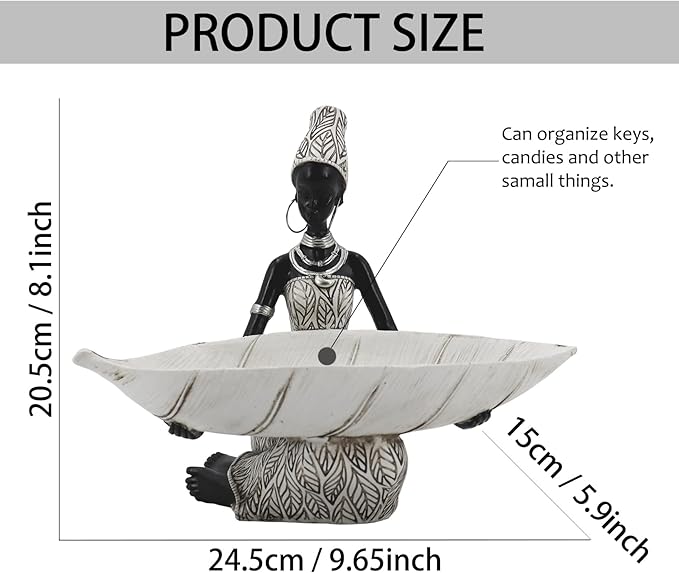 Lescafita African Woman Resin Tray Figurine, White Leaf Decorative Bowl Sculpture, Boho Tribal Art Statue for Jewelry Storage and Home Decor