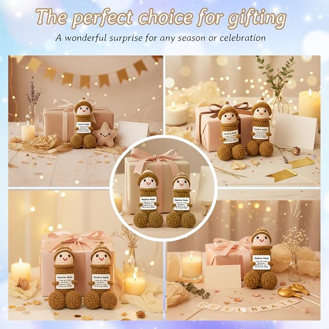Funny Positive Crochet Animals Gag Doll Emotional Support Stuffed plushies for Adult Men Women,Weird Things Motivational White Elephant (Brown P with Hat)