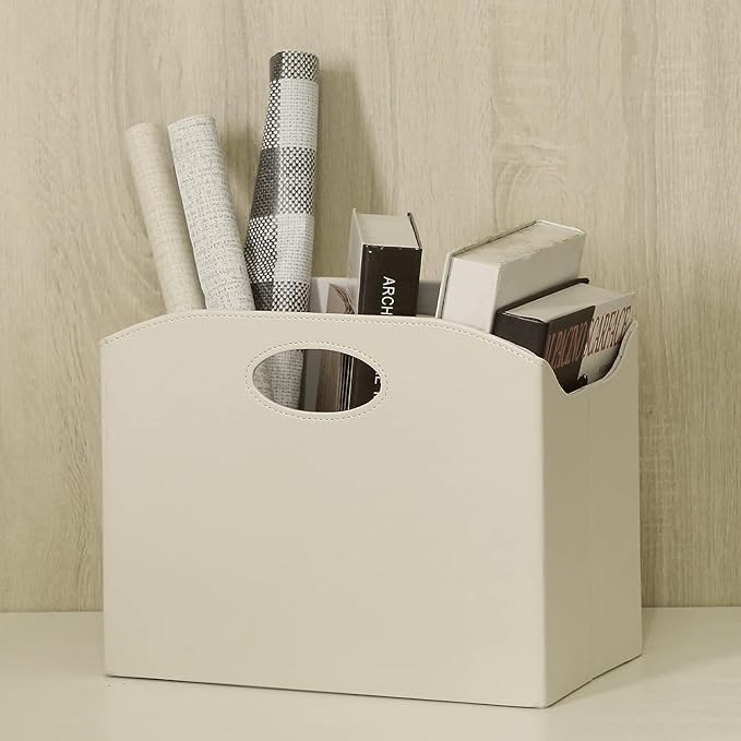 EZDeco Magazine Holder Foldable Magazine Rack Floor PU Leather File Holder Newspaper Book Storage Magazine Basket Document File Folder Organizer for Office Home (Off-White-2)