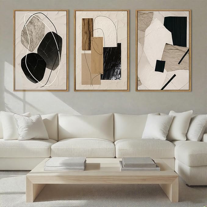 Large Abstract Paintings Framed Neutral Canvas Prints Mid Century Modern Wall Art Abstract Wall Decor Neutral Wall Pictures Elegant Modern Paintings for Living Room Bedroom Bathroom Office 36x24 Inch 3 Piece