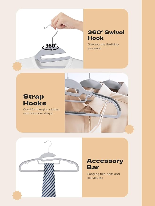 HOUSE DAY Heavy Duty Plastic Hangers 100 Pack, Grey Slim Clothes Hangers Space Saving, Durable S-Shaped Non Slip Coat Hangers with Rubber Pads, 360° Swivel Hook, Ideal for for Shirt, Suit, Pant, Skirt