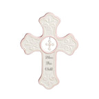 DEMDACO Bless This Child Wall Cross - Blessing Cross for Baby - Faith Nursery Decor - Gift for Newborn - Religious Christian Wall Hanging - Porcelain - Gift Box Packaging - Pink