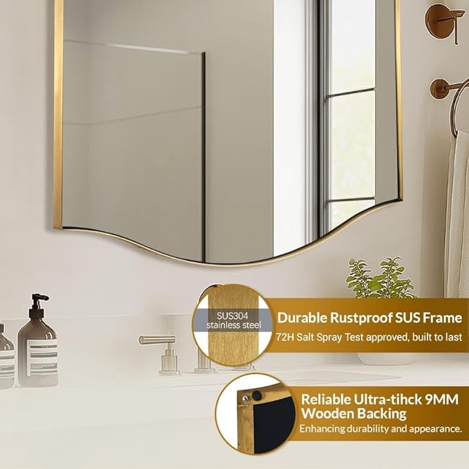 ANDY STAR 26"x38" Scalloped Mirror for Bathroom，Brushed Gold Rectangle Wall Mirror with Curved Edge Stainless Steel Metal Frame, Wall-Mounted Mirror for Bathroom, Entryway, Living Room