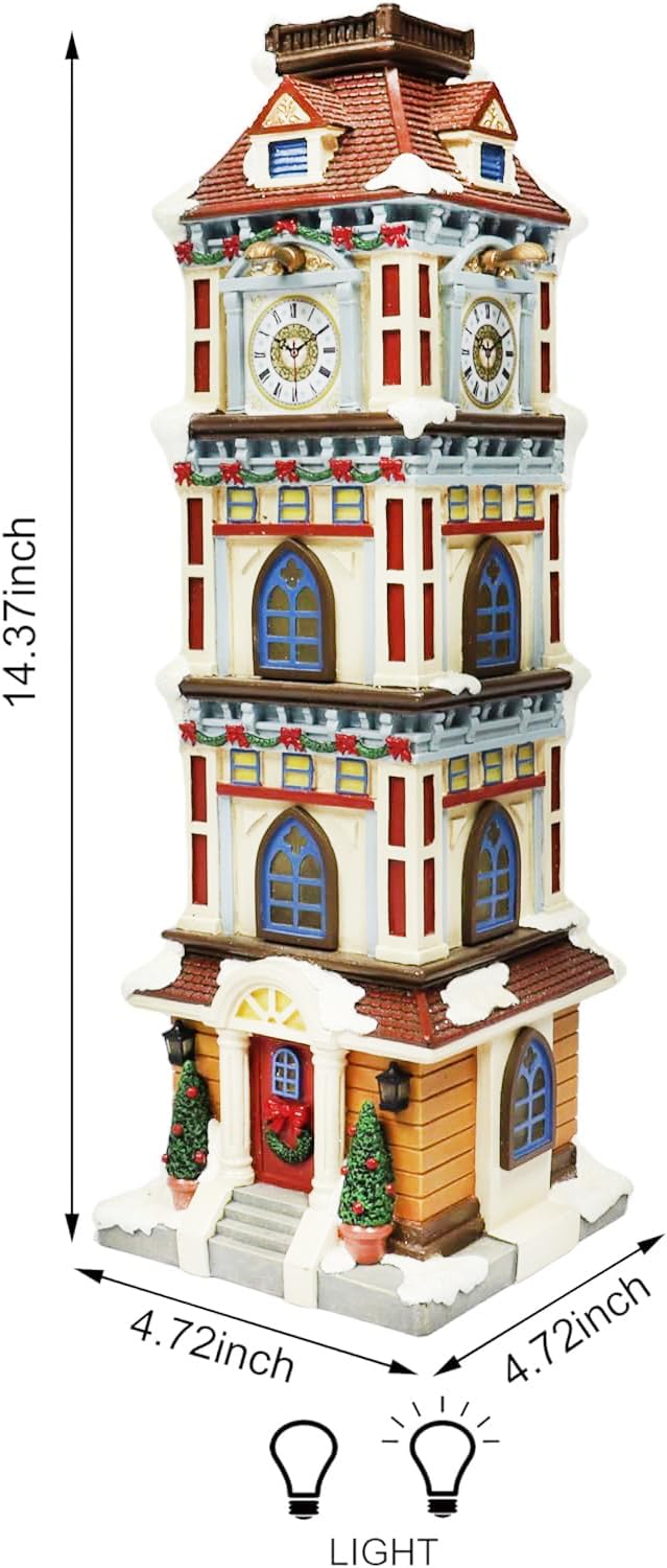 MOMENTS IN TIME Lighted Christmas Clock Tower 14.5” LED Hand-Painted Polyresin Village Decoration Battery Operated Elegant Holiday Tabletop Collectible Gift Ready Tabletop Décor