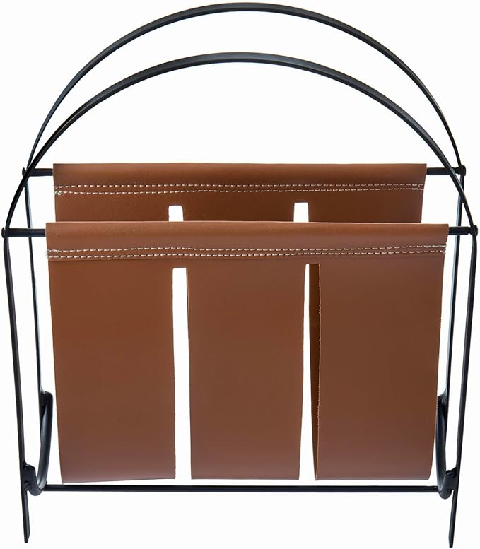 MyGift Black Metal and Caramel Brown Leatherette Magazine Rack – Tabletop or Floor Standing Sling Basket for Magazines, Newspapers, and Books