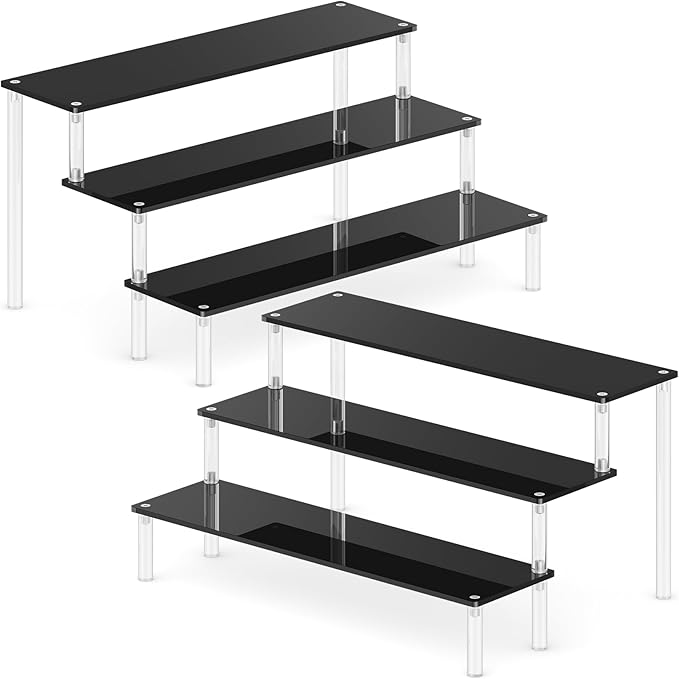 2 Packs Acrylic Display Stand Riser,3 Tier Perfume Organizer Cupcake Stand Acrylic Pop Shelves Holder,Black Desk Display Shelf for Figure,Trinket,Collectibles,Dessert Stands for Party Decor-11.6in