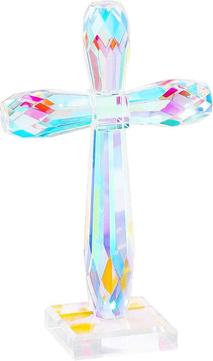 YWHL Colorful Crystal Standing Cross Decor, Handmade Glass Holy Cross Collectible Figurines Decoration, Religious Gifts for Women Men, Christian Easter Cross for Home Office Decor