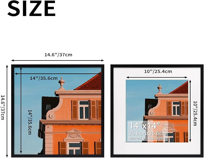 Rempry 14x14 Picture Frame, Display Pictures 10x10 with Mat or 14x14 Without Mat, Wall Hanging or Tabletop Photo Frame with Shatter Resistant Plexiglass, Black, 1 Pack