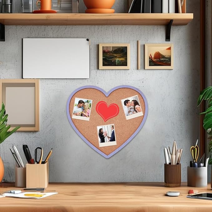 BENECREAT Purple Heart Pin Cork Board Bulletin Display Board, 10.6x11.8inch Wall Mounted Cork Board for Brooch Pin Storage, Office Home Festival Valentine's Decor
