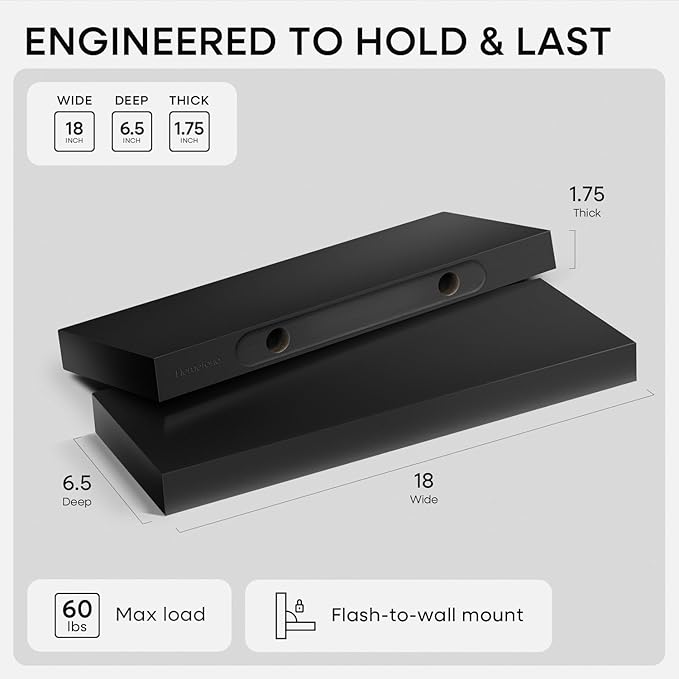 Homeforia Black Floating Shelf 18 inch, High End Solid Real Wood 18inch Bathroom Floating Shelves for Wall Mounted, Black Wooden 18in Floating Shelves, Heavy Duty Bracket, 18 X 6.5 X 1.75 in, Set of 2