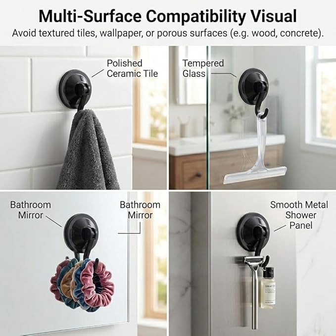 Strong Suction Cup Wreath Hanger for Front Glass Door - 20lb Vacuum Hooks for Window & Bathroom - Damage-Free, Reusable Outdoor Christmas Wreath Holder for Holiday Decor, 2-Pack (Black)