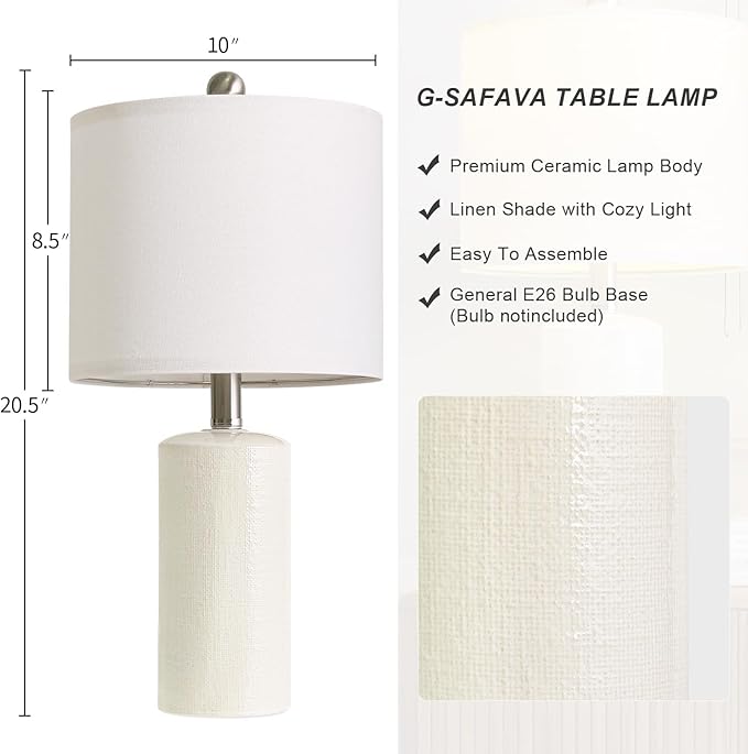 G-SAFAVA 20.5" Small Table Lamps for Living Room Lamp Set of 2 Ceramic Lamps for Bedroom Bedside Lamps Modern Boho Lamps for Night Stands Farmhouse Nightstand Lamp Side End Table Lamp, White