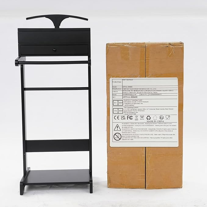 Clothing Valet Stand, Wood Suit Rack with Drawer & Compartment, Freestanding Valet Stand for Women and Man, 17"x12"x44" Suit Stand for Home Hotel Office (Black)