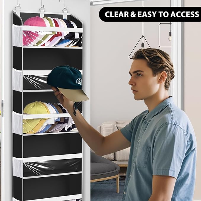 Over the Door Hat Organizer for Baseball Caps, Hold up to 60 Hats Rack Storage for Door/Closet/Wall, Clear Pockets Hanging Hat Holder for Baseball Caps with 10 Mesh Pockets, Grey