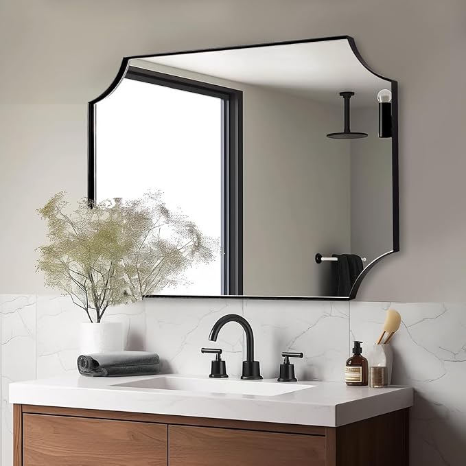ANDY STAR 30x40 Inch Bathroom Mirror, Black Bathroom Mirror for Over Sink, Unique Rectangle Wall Mirror, Matte Black Framed Rectangular Mirror with Scalloped Edges, Ideal for Home Decor