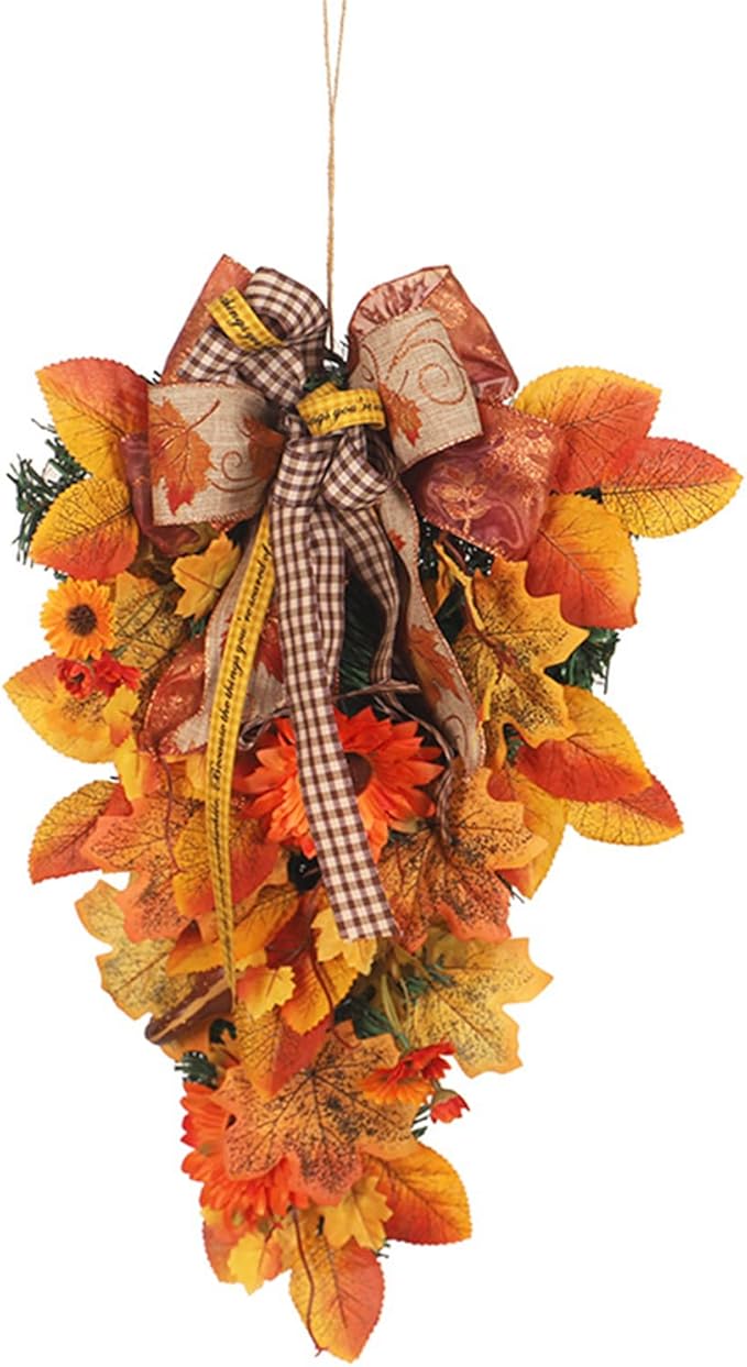 Ochine Artificial Fall Teardrop Swag - Fall Harvest, Autumn, Thanksgiving to Christmas Door Decoration