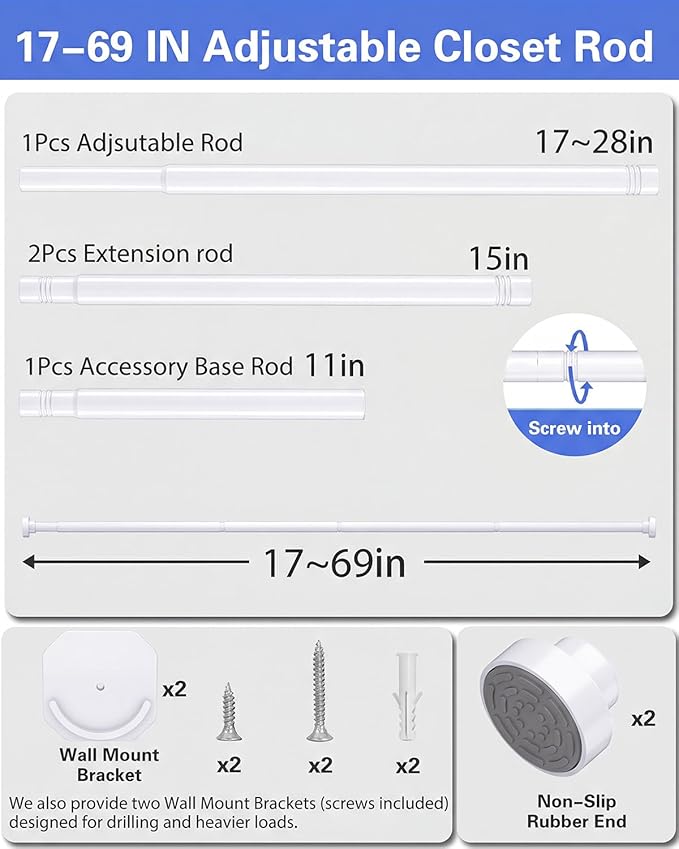 No Drilling Closet Rods for Hanging Clothes, Non Slip Tension Rod with Heavy Duty Clothes Hanging Rod, 17-69 Inches Adjustable Spring Closet Rod for Closet Wardrobe Bathroom Laundry RV, White