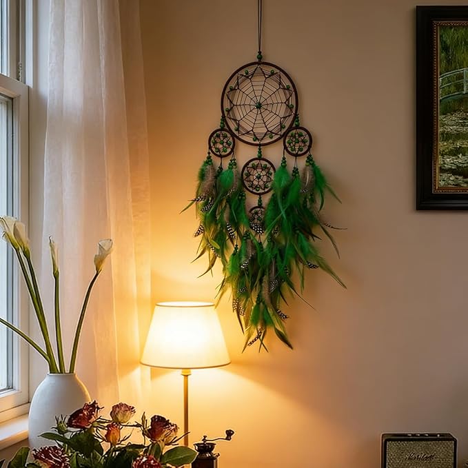 Large Dream Catchers Handmade Green Dream Catcher, Boho Wall Hanging Decor with Beads, Native American Style Dreamcatcher for Bedroom,Living Room,Home Ornament, for Birthday,Festival