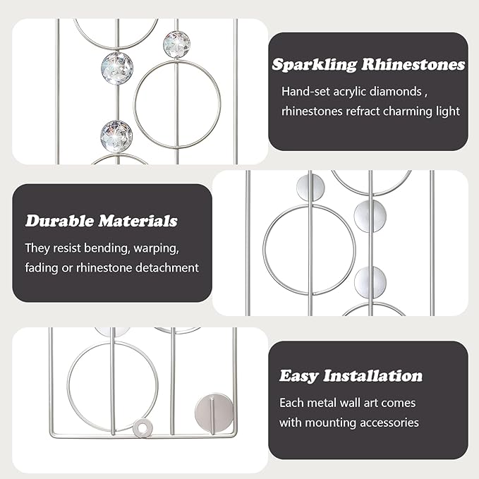 ZEXUIRU 2 Pcs Abstract Metal Art for Wall Decor Living Room Bedroom Bathroom Office Metal Bling Modern Geometric Hanging Vertical Small Iron Sculpture Plaque Pack -Silver 15.7in