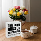 Funny Wood Signs, This House Runs On Sarcasm and Inappropriate Humor Sign, Funny Home Decor, Housewarming Gift, Box Sign Tabletop, Living Room Decor, Hallway Decoration, 5.1x5.1inches