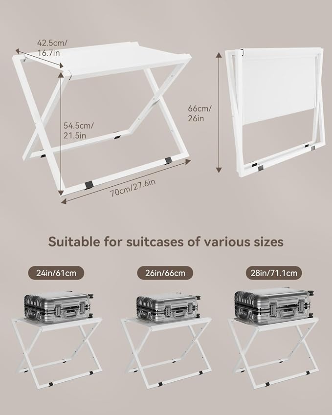 IBUYKE Luggage Rack for All Suitcase Sizes,Metal Luggage Holder,Foldable Suitcase Stand,Easy to Assemble for Bedroom Living Room Hotel,White TLR001W