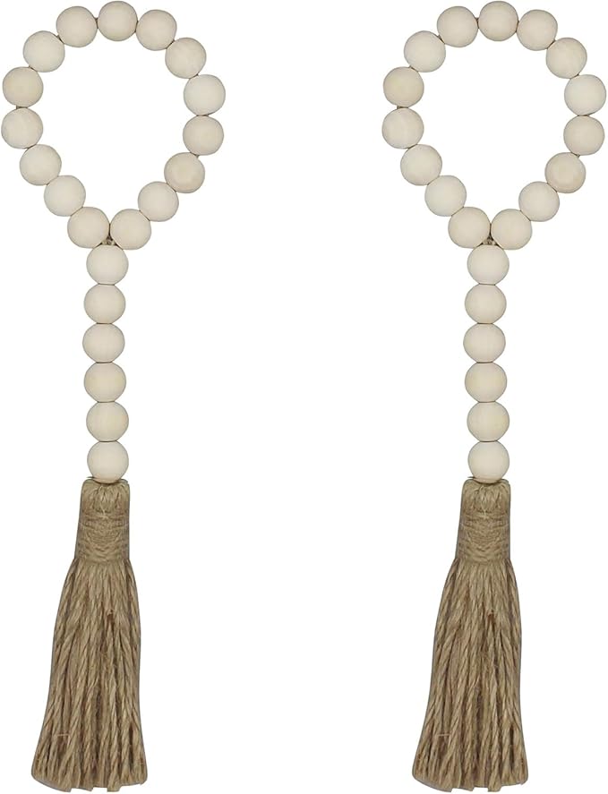 Boho Decor Wood Beads Garland Farmhouse Wall Hanging Decorations Natural Wooden Bead Tassel Decorative for Coffee Table Christmas and Prayer (Nature, 12" X2)