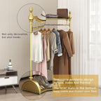 Clothing Rack Gold, Industrial Clothes Rack for hanging Clothes with Double Shelves Freestanding Multi-functional Heavy Duty Garment Rack, Metal Movable Portable Coat Rack for Organizing Clothes Shoes