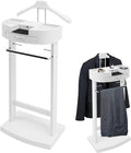 Clothing Valet Stand, Wood Suit Rack with Drawer & Compartment, Freestanding Valet Stand for Women and Man, 17"x12"x44" Suit Stand for Home Hotel Office (White)