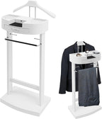 Clothing Valet Stand, Wood Suit Rack with Drawer & Compartment, Freestanding Valet Stand for Women and Man, 17"x12"x44" Suit Stand for Home Hotel Office (White)