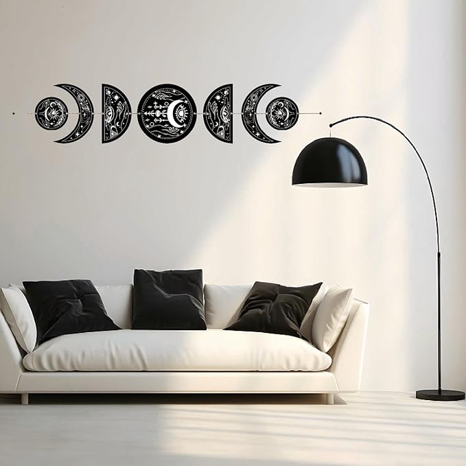 CREATCABIN 7Pcs Eyes Hands Moon Cycle Decor Boho Ornament Half Round Wood Pendant Moon Phase Decoration Halloween Ramadan Home Art Wall Hanging for Bedroom Farmhouse Gallery Apartment Bar 37.1x6.3in