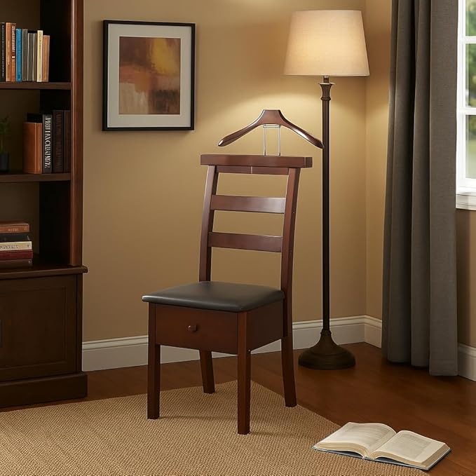 Proman Products Manhatten Chair Valet VL36654 with Drawer, Hanger, Trouser Bar and Tie & Belt Bar, 19" W x 24" D x 43" H, Dark Walnut