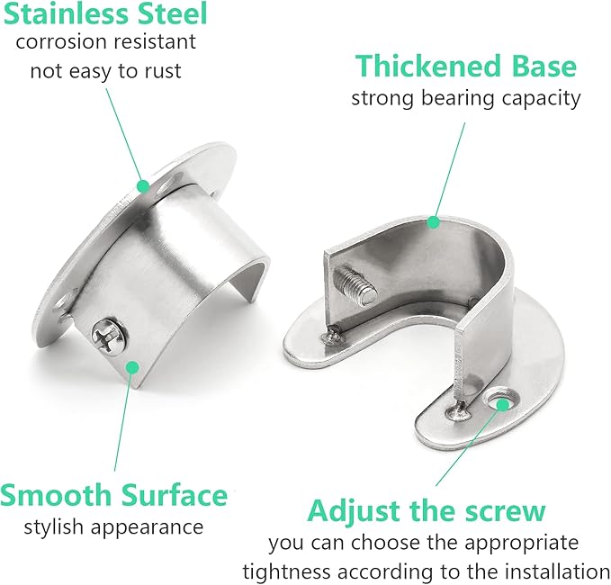 8 Packs Stainless Steel Closet Rod End Supports 1-1/3 Inch Wardrobe Bracket Heavy Duty Closet Pole Sockets Flange Rod Holder, U-Shaped with Screws, Silver