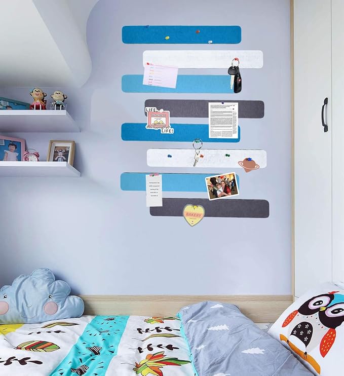 Vuzvuv 8 pcs Bulletin Board Bar Strips with 50 Pushpins & 10 Wooden Clip pins，Self Adhesive Cork Board for Wall，Felt Pin Board for School，Office Decor(Blue White Grey)