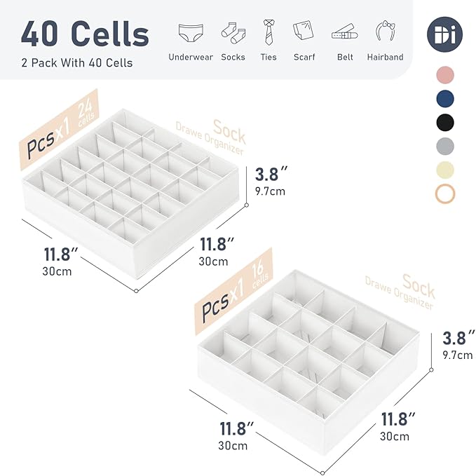 DIMJ Sock Organizer Drawer Organizer - Dresser Underwear Drawer Organizer for Storing Socks, Handkerchiefs, Ties, Belts, White