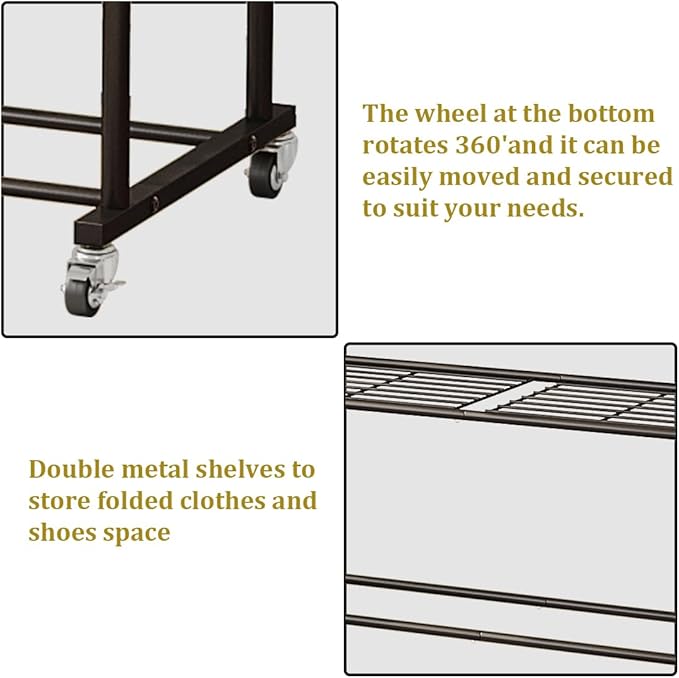 SUOERNUO Clothes Rack with Wheels Garment Rack for Hanging Heavy-Duty Clothing Rack Metal Rolling Clothes Shelves for Bedroom, Closet (Black)