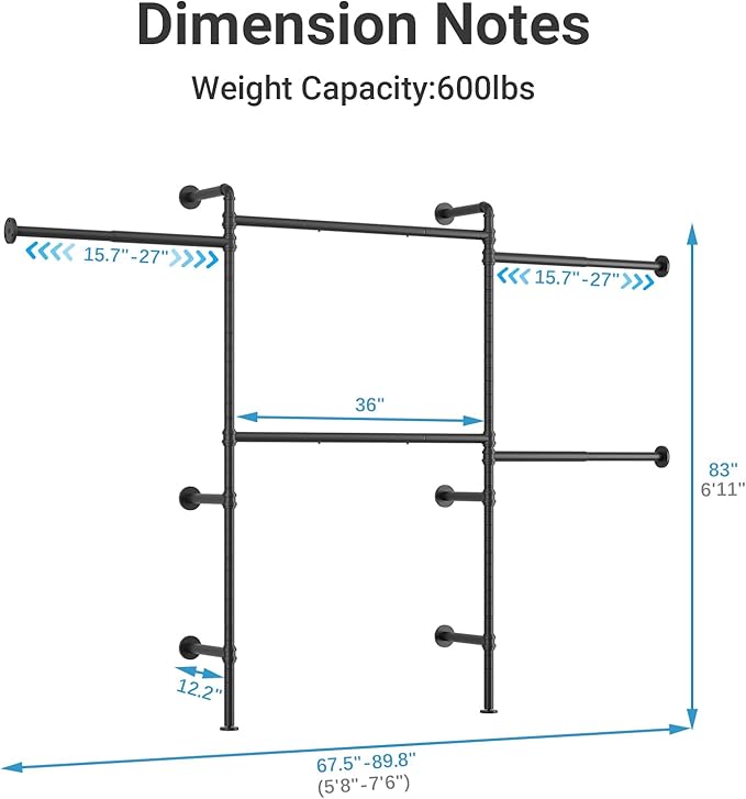 Timate P3 Closet Organizer System with 5 Hanging Rods, Adjustable 5'8"–7'6", Heavy-Duty Modular Garment Rack, Space-Saving Closet Solution for Walk-in Closet, Bedroom & Small Spaces