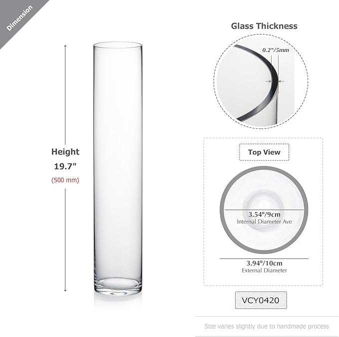 WGVI Quality Thick Weighted Tall Clear Cylinder Glass Vases, 4" W x 20" H, Flower Arrangement Floating Candle Holders Wedding Centerpieces Event Floral Container Tabletop Display Décor, 1 Piece