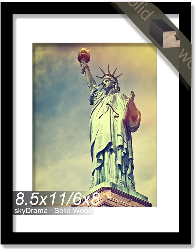 100% Solid Wood 8.5 x 11 Picture Frame, Black Frame Display Photo 6x8 with Mat or 8.5x11 without Mat, 8.5 by 11 HQ Matte Black Frame for Wall - 1 Pack/Black/8.5"x11"
