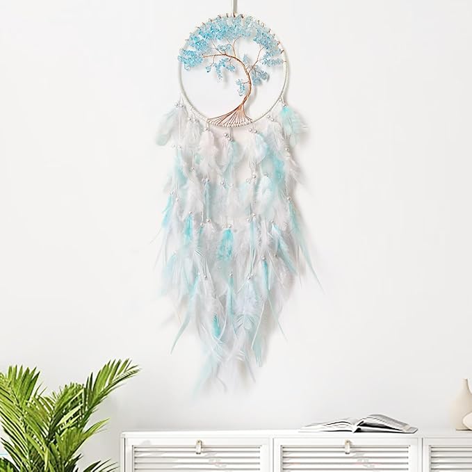 White and Cyan Dream Catcher Wall Decor Crystal Tree of Life Dream Catchers Handmade Feather Dreamcatcher Wall Hanging Ornament for Bedroom Living Room Home Decor