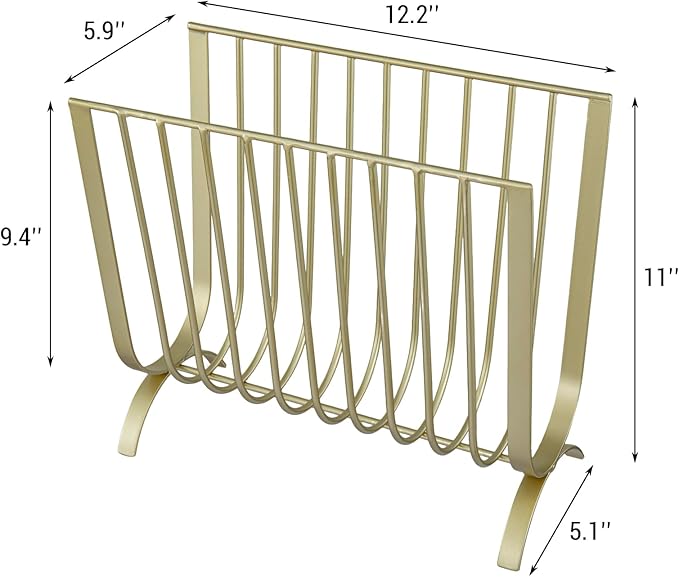 MyGift Brass Metal Mid-Century Wire Magazine Rack – Deluxe Tabletop or Floor Standing Sling Basket for Magazines and Newspapers