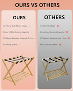Luggage Racks, Folding Bamboo Suitcase Stand with Storage Shelf and Nylon Straps, Luggage Holders Assembled Suitcase Storage Caddy Holder for Guest Room, Hotel, Bedroom, Natural, Pack of 2