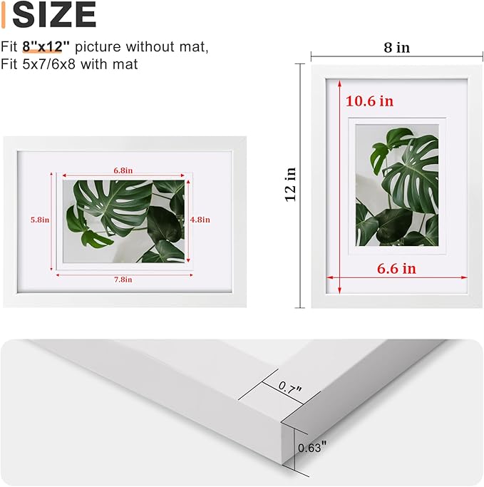 Egofine 8x12 Picture Frames Set of 4, Made of Solid Wood Covered by Plexiglass 5x7 and 6x8 with Mat or 8x12 without Mat, for Table Top Display and Wall Mounting Photo Frame White
