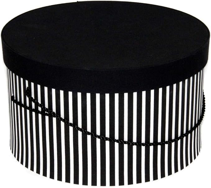 Sarah's Hat Boxes Classic Black/White Stripe Hat Box – 14.75" x 7.5" (Dia. x Ht.) Handmade in USA – Odorless Non-Toxic Adhesive, Cording Handle – Premium Storage for Hats & Accessories