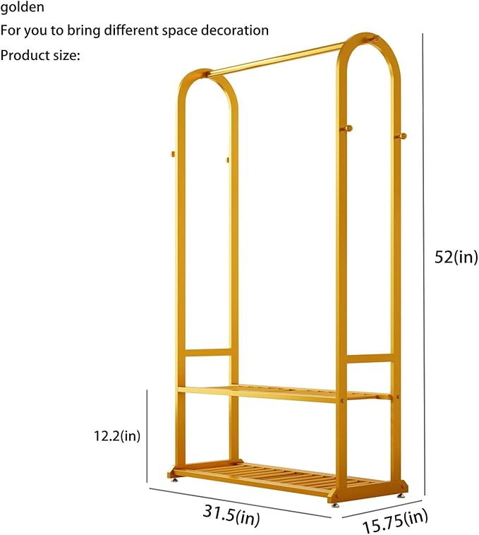 Gold clothing rack with bottom Storage shelves and 6 side hooks,Sturdy metal clothes rack for Hanging Clothes,Modern garment rack Wardrobe Rack for Bedroom or Boutique