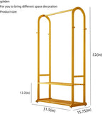 Gold clothing rack with bottom Storage shelves and 6 side hooks,Sturdy metal clothes rack for Hanging Clothes,Modern garment rack Wardrobe Rack for Bedroom or Boutique