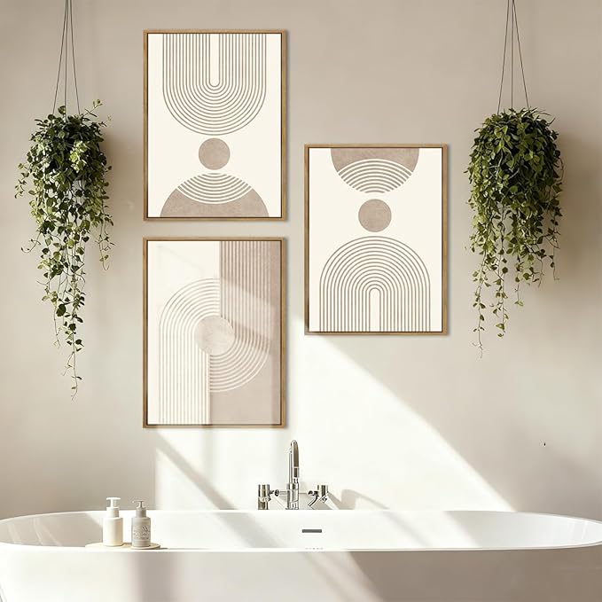 BINCUE Neutral Abstract Wall Art Boho Geometric Wall Decor Mid Century Modern Artwork Boho Abstract Art Prints Beige Abstract Paintings Elegant Modern Wall Pictures for Living Room Bedroom Office 12" Lx16 W Set of 3 Gift