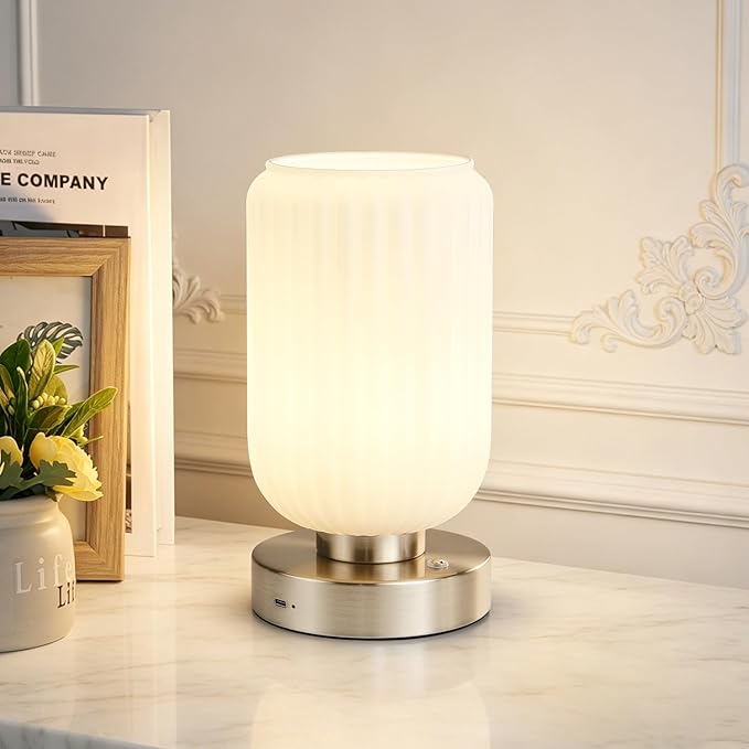 LightRound Cordless Table Lamp for Bedroom, 7500mAh Rechargeable Small Battery Lamp, Modern Touch Dimmable Wireless Lamp Brushed Nickel Base White Glass Shade for Living Room, Desk, Led Bulb Included
