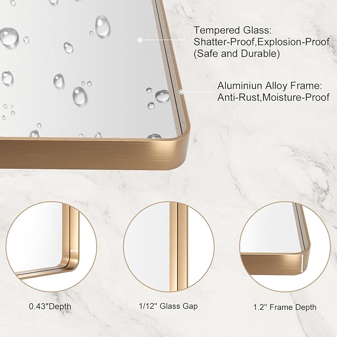 LOAAO 40"X32" Gold Bathroom Mirror, Rounded Rectangle Gold Frame Mirror, Brushed Gold Bathroom Vanity Mirror Wall-Mounted, Anti-Rust, Tempered Glass, Hangs Horizontally or Vertically
